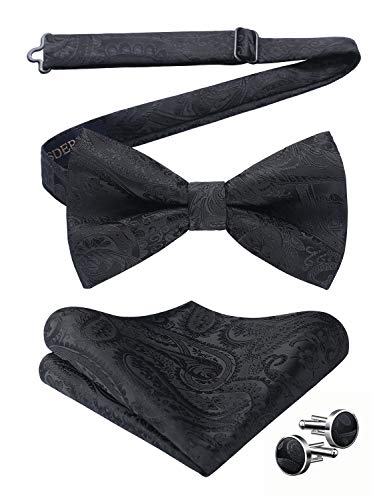 HISDERN Fliege Schwarz Herren Paisley Fliegen und Einstecktuch mit Manschettenknöpfe Set Verstellbare Fliege für Hochzeit Sfeier Weihnachten,Schwarz