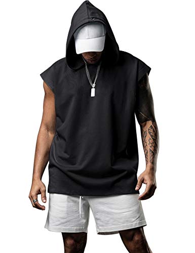 Lomon Herren Tank Top Ärmelloser Muskelshirt Hoodie Workout Sport Fitness Unterhemden mit Handytaschen Schwarz S