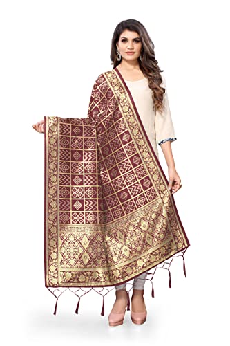 Jaanvi Indischer Bandhani gewebter Seidendupatta-Halswickel, lange Stola, Chunni-Quaste, Schal, Überwurf mit Zari, kastanienbraun, One size