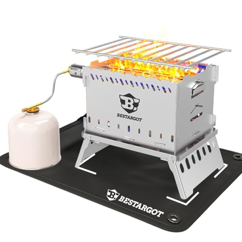 Bestargot Hobo Kocher Camping Gasgrill/Holzofen, Camping Grill Gas klein, Faltbar Outdoor Kocher aus Edelstahl mit Feuerfest Tragetasche, Steckbarer Campingkocher Hobo Ofen für Camping Balkon