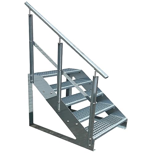 Kaminbau Mierzwa Premium Treppe Freistehend 5 Stufen Geländer Links (Breite 1000 mm) (Höhe 95cm) Wetterfest Gitterroststufe Gartentreppe