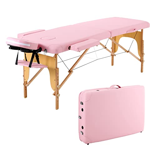 Panana Massageliege 2 Zonen Mobile Massagetisch Klappbar Tragebares Massagebett höhenverstellbar aus Holz Massagebank mit Kopfstütze & Armlehnen & Tasche 213 × 82 x 81 cm (Hellrosa)