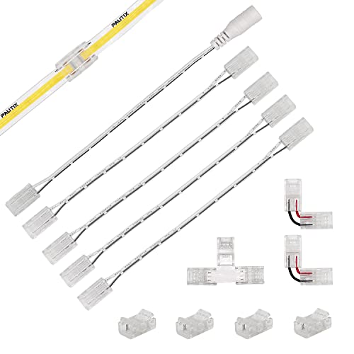 COB LED Streifen Steckverbinder Set für 8mm Breite COB Streifen 2Pin, 4 Stück Transparente Mittelverbinder, 2Stück L-Form, 1Stück T-Form und 4Stück Dual-End Verlängerungsdrähte 15cm mit 1Stück DC