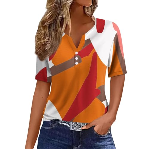 Angebote des Tages Heute Tshirt Damen Oversize Lustige T Shirts Unterhemden & BH-Hemden Für Damen Henley Bluse Mit Knopfleiste Marmordruck Oversize Shirt Poloshirt (Orange, S)