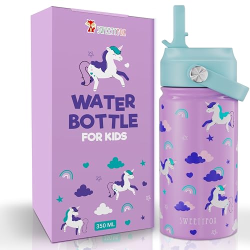 Sweety Fox Edelstahl Trinkflasche Kinder Einhorn BPA-frei - Kinder Flasche mit Strohhalm und Bürste - Geeignet für Kinder ab 3 Jahren.