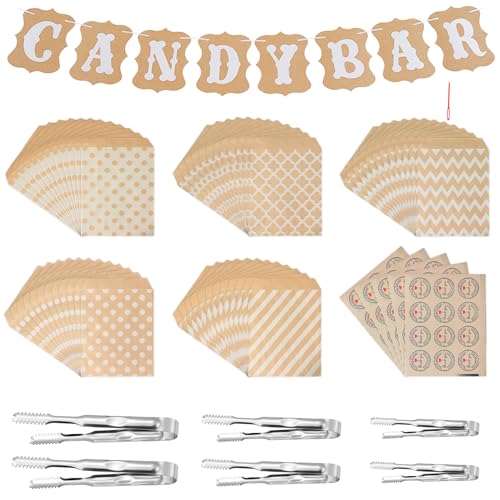 GOTFUN Candy Bar Zubehör 72 Stück, Enthält 60 Stück Candy Bar Tüten und 6 Zuckerzange, 5 Sticker und 1 Candy Bar Deko Girlande, Candy Bar Deko Set für Büfett Grill Candy Bar Hochzeit Geburtstage Party