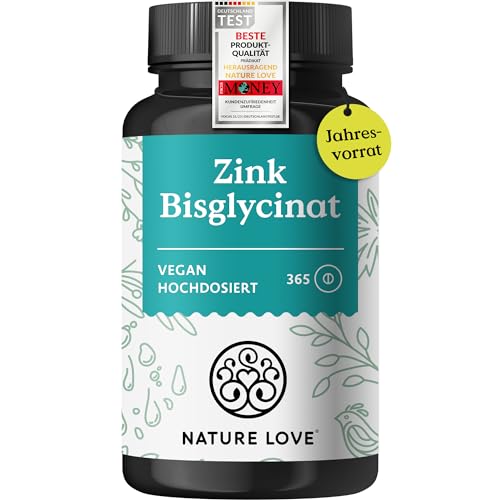 NATURE LOVE® Zink - 365 Tabletten (1 Jahr) - Hochdosiert (25mg): Zink-Bisglycinat (Zink Chelat) - Hoch bioverfügbares Zinc - vegan, laborgeprüft, in Deutschland produziert