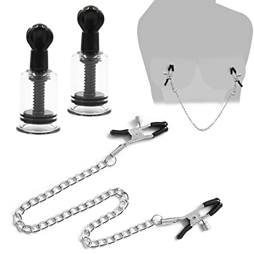 BDSMAGE Brust Stimulation Set mit 2 stk Nippelsauger + Nippelklemmen Kette,BDSM Sexspielzeug für Damen Männer,Brustwarzensauger Klitoris Sauger Brustpumpe Vaginal Clip Schwarz