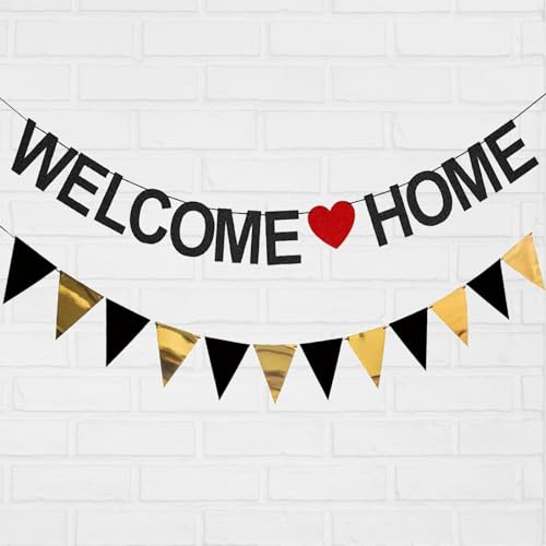 LYJOW Welcome Home Girlande Welcome Home girlande banner + Dreieck Flagge Banner gold WILLKOMMEN ZURÜCK für Klassenzimmer Dekoration Welcome Home Girlande Gold Dreieck Flagge