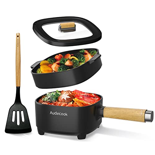 Audecook Elektrischer Hot Pot mit Dampfgarer, 2L/20cm Antihaft Elektropfanne mit Keramikglasur, Tragbarer Multikocher für Ramen, Steak, Ei, Haferflocken, Suppe, 350W/800W (D(SCHWARZ,MIT DAMPFGARER))