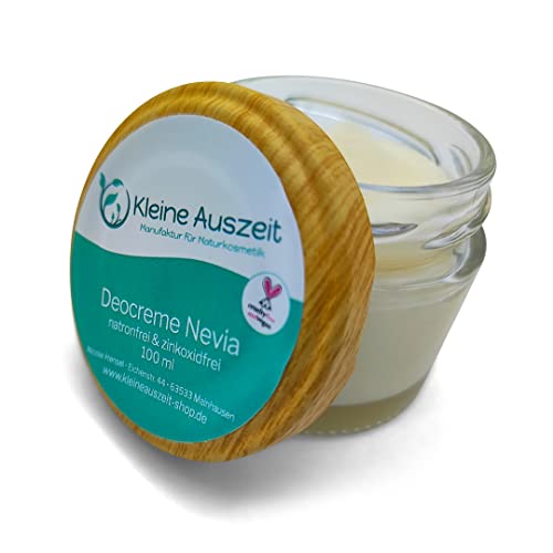 Kleine Auszeit Manufaktur, Natronfreie Deocreme Nevia, hochwirksam ohne Aluminium, ohne Natron oder Zinkoxid, plastikfrei, vegan, ohne Palmöl, 100 ml