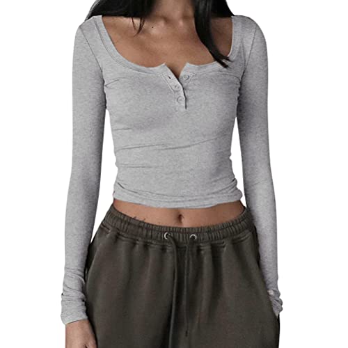 Minetom Damen Y2K T-Shirt Langarm Crop Top Sexy Oberteile Party Cropped Tee Shirts Teenage Aesthetic Mädchen Outfits U-Ausschnitt Langarmshirt Streetwear F Grau S