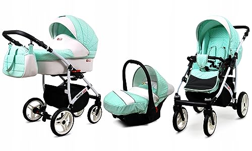 BabyLux® Bambimo Kinderwagen Set 3 in 1 - White Lux - incl. Babywanne, Buggy Sportsitz, Auto-Babyschale - Autositz - Kinderwagenset - Kombikinderwagen mit Wickeltasche, Regenschutz usw.