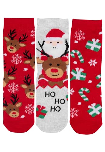 United Labels Weihnachtssocken Rentier Santa für Kinder - Sneaker Kindersocken Söckchen Rot/Grau (3er Pack) (DE/NL/SE/PL, Numerisch, 31, 34, Regular, Rot/Grau)