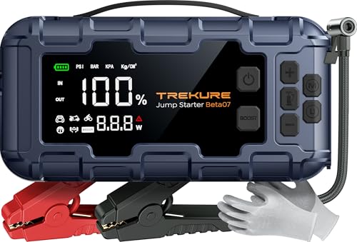 TREKURE Starthilfe Powerbank mit Luftkompressor, 160PSI 6000A Auto Starthilfe, PD 45W Eingang/Ausgang, Starthilfe(Bis zu All Benzin und 12.0L Dieselmotor) mit 600 Lumen LED und Doppelstart