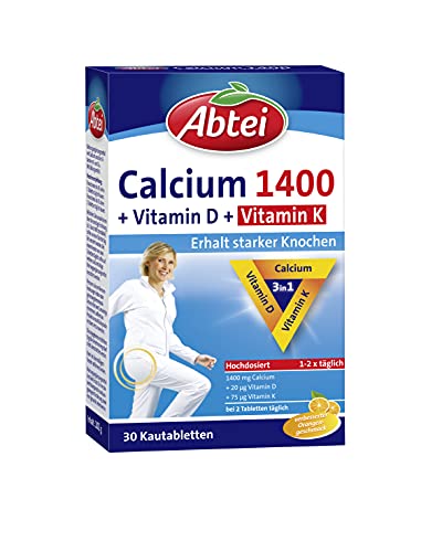 Abtei Calcium 1400 + D + K - hochdosiert - Mit Vitamin D und Vitamin K - Zum Erhalt gesunder Knochen und Muskelfuktion - Orangengeschmack, 30 Kautabletten