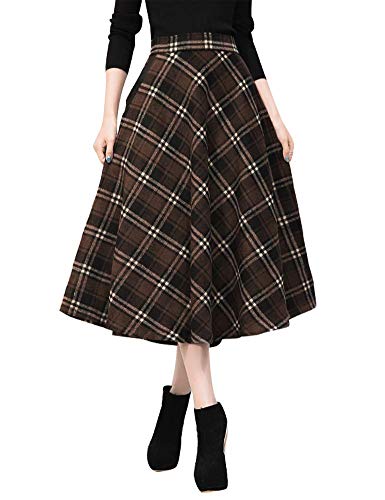 IDEALSANXUN Damen s hohe elastische Taillen-Maxi-Rock-A-Linie Plaid Winter warme Flare langer Rock X-Large Waden Kaffee