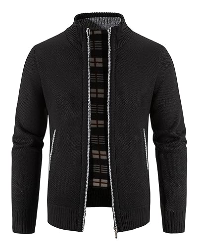 NANAMEEI Strickjacke Trachtenjacke Herren Cardigan mit Reißverschluss Gestrickt Wintermantel Strickjacke Sweatjacke Winterjacke Mit Stehkragen Fleecejacke Langarm Schwarz M