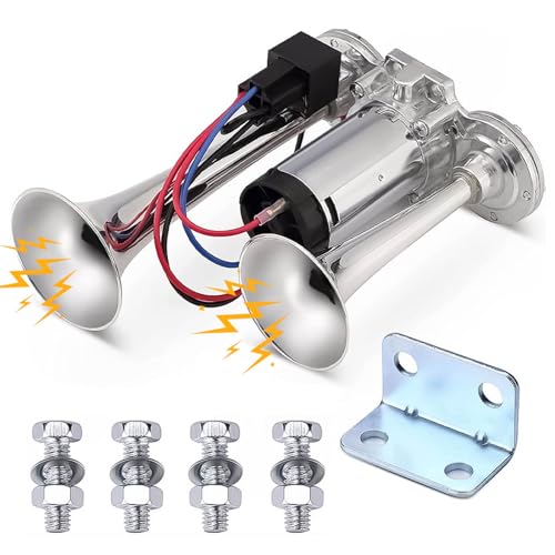 Air Horn Kit 12v Laut Kompressor Fanfare 150dB Druckluft Horn Hupe, Doppelrohr-Elektropumpe mit Metallverbund Lufthorn für alle 12V Auto LKW Züge Boote Cars Vans