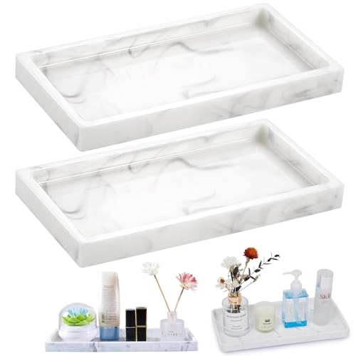 XINSUO 2 Stück Badezimmer Tablett, Dekotablett Deko Tablett,Schminktisch Tablett, Silikon Ablageschale,für Gewebe Kerzen Handtuch Kleine Kosmetisch (Weißer Marmor, Rechteck, 20 * 11 cm)