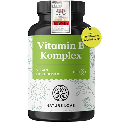 NATURE LOVE® Vitamin B Komplex – Hochdosiert: Mit 500 µg Vitamin B12 – 180 Kapseln (6 Monate) – alle 8 B-Vitamine (B1, B2, B3, B5, B6, B7, B9, B12) – vegan, laborgeprüft und in Deutschland produziert