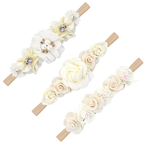 3 Stück Haarband Baby Nylon Haarbänder Blumen Baby Blume Elastisches Stirnband Bow Twist Neugeborenes Kleinkind Haarschmuck Haarreifen Mädchen Haarband Weiß