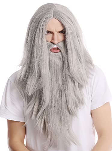 WIG ME UP - PW0210-ZA68E Perücke & Bart - Halloween - Karneval - lang glatt - grau Zauberer - Knecht Ruprecht - Prophet Alter - Biker