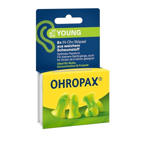 OHROPAX Young Ohrstöpsel – für Ohren mit kleineren Gehörgängen – IN-Ohr-Stöpsel aus weichem Schaumstoff – Schalldämmwert SNR 35 dB – ideal für Ruhe, Konzentration und Freizeit – 8 Stück