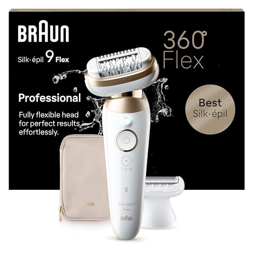 Braun Silk-épil 9 Flex, Epilierer mit flexiblem 360°-Kopf für eine einfache Haarentfernung, Wet&Dry, langanhaltend seidig-glatte Haut, mit Rasieraufsatz und Trimmeraufsatz, 9-041 3D, Weiß/Gold