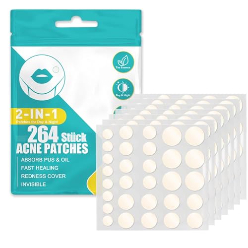 264 Stück Pimple Patch Hydrokolloid Acne Patch Unsichtbare Natürliche Akne Patches Mit Teebaumöl Und Salicylsäure Tag Und Nacht 2-In-1 Wasserdicht Absorptions Pickel Patch (264 PCS)