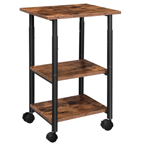 HOOBRO Druckertisch, Druckerständer mit arretierbaren Rädern, Druckerwagen rollbar mit 3 Ebenen, höhenverstellbar, leicht zu montieren, 48,5 x 40 x 67 cm, für Büro, Dunkelbraun-Schwarz EBF03PS01G1
