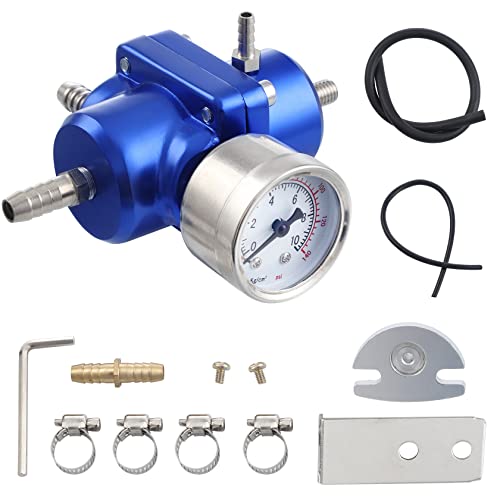 CarBole Universeller einstellbarer Benzindruckregler 1-140PSI Einstellbarer Kraftstoffdruckregler mit Manometer und Schlauch, Warmlaufregler aus Alulegierung, Blau