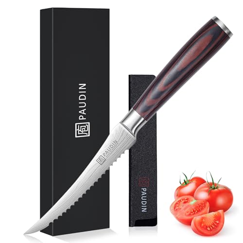 PAUDIN Tomatenmesser 13 CM, Professionelles Küchenmesser für Tomaten, Messer für weiches Obst und Gemüse, Anti-Haft Tomatenmesser mit Scharfes Klinge und Ergonomischer Holzgriff