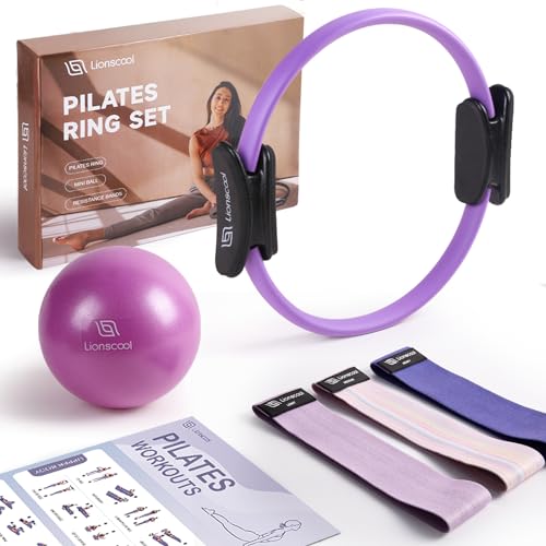 LIONSCOOL Pilates-Ring-Set (lila) – 35,6 cm Pilates-Ring, 22,9 cm Pilates-Mini-Ball und drei Stoff-Widerstandsbänder im Lieferumfang enthalten