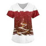 Weihnachts Kasack Damen 2024 Mode Pflege V Ausschnitt Kleidung Weihnachten Muster Schlupfkasack Kurzarm T-Shirt Medizinische Uniformen Krankenschwester Angebote(2-Wine,M)