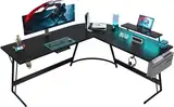 JUMMICO Gaming Tisch 130x130 cm und Monitorständer,Eckschreibtisch mit Tasche Stauraum,Groß L-förmiger Schreibtisch Pc Ecktisch mit Kabelmanagement,Tassenhalter und Kopfhörerhaken,Schwarz