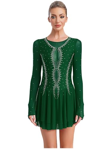 Freebily Damen Eiskunstlaufkleid Langarm Glitzer Mesh Tanzkleid Trikot Mit Strass Eislaufen Rhythmische Gymnastik Tanzkostüm Grün S