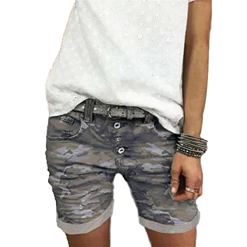 OULIWANGLUO Damen Tarnfarbe Slim Denim Shorts Sexy Hot Pants Denim Kurze Hose Sommer Lässige Bequeme Kurze Jeans für Frauen (Grau,XXL)