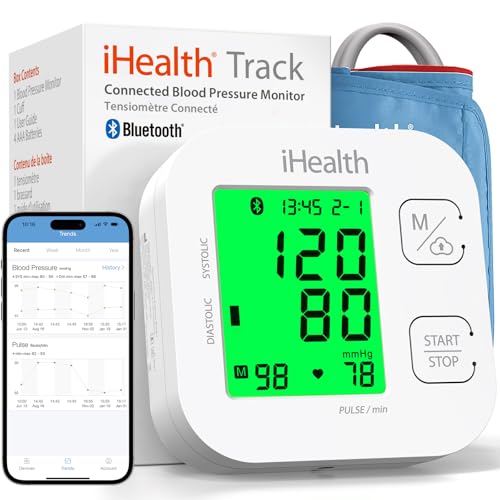 iHealth Track Vernetztes Oberarm-Blutdruckmessgerät, mit einer einstellbaren Universal-Manschette für normale bis große Erwachsenenarme, Bluetooth-kompatibel mit Apple- und Android-Geräten