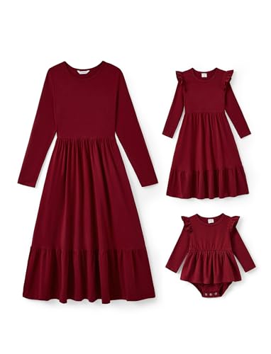 PATPAT Mutter Tochter Kleid Set Langarm Familienoutfit Set Baumwolle Mama Tochter Kleider für Mädchen und Damen, Mutter Tochter Kleidung, Mutter Baby Partnerlook, Rot, Baby: 6–9 Monate