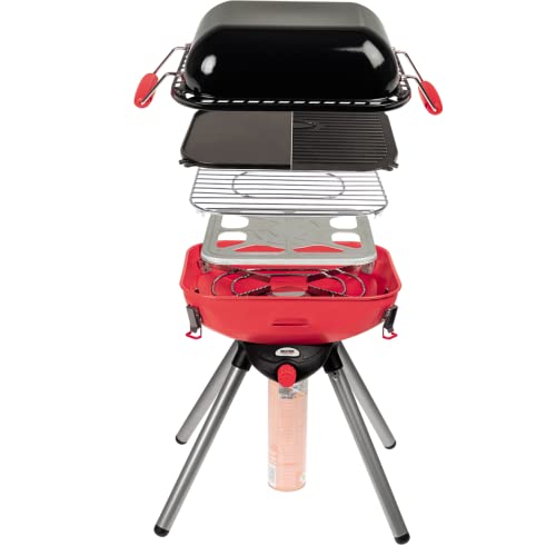 WALTER Camping- und Party-Gasgrill, Grill für Camping, Festivals oder Picknick, klein, kompakt und praktisch, inkl. verschiedener Grill Roste, mit Multifunktions Deckel, ideal für unterwegs