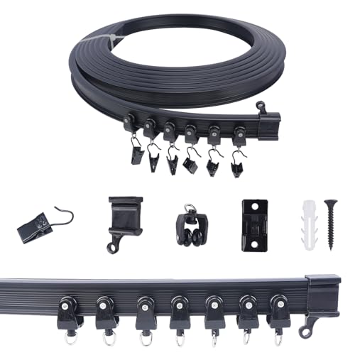 FOGAWA 5m Vorhangschiene mit 40 Vorhangklammern, Deckenvorhangschiene, Flexible Gardinenschiene, Gebogen, Deckenschiene für Duschvorhangstange, Raumteiler, Vorhangschienensystem Deckenmontage, Schwarz