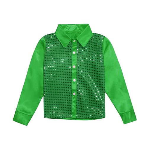 Pailletten Oberteil Kinder Jungen Kurzarm Shirt Glänzend Party Disco Oberteil mit Knöpfe Hip Hop Jazz Street Dance Kleidung Tanzkostüm Jungen Glitzer Disco Shirt (Green, 5-6 Years)