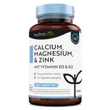 Calcium Magnesium Zink - 400 Hochdosiert vegetarische Tabletten (6 Monate) - Magnesiumoxid mit Vitamin D3, K2, Selen, Mangan - Komplex mit 600mg Kalzium pro Tagesdosis - Knochen + Muskeln - Nutravita