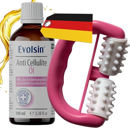 Evolsin® Anti Cellulite Öl mit Massageroller - reduziert Cellulite / Orangenhaut - Körperöl zu 99% aus natürlichen Pflanzenextrakten, 100ml Öl + Cellulite Massagegerät - Hautpflegeset