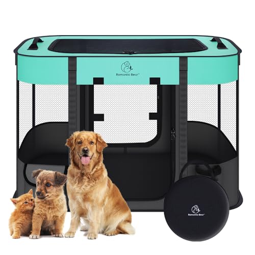 ROMANTIC BEAR Welpenauslauf Hundebox Faltbar Wasserdicht Tierlaufstall Abnehmbar Transportbox Freigehege für Katze Kaninchen Haustier mit Tragbar Handtasche,Hund Laufgitter für Camping Reisen M