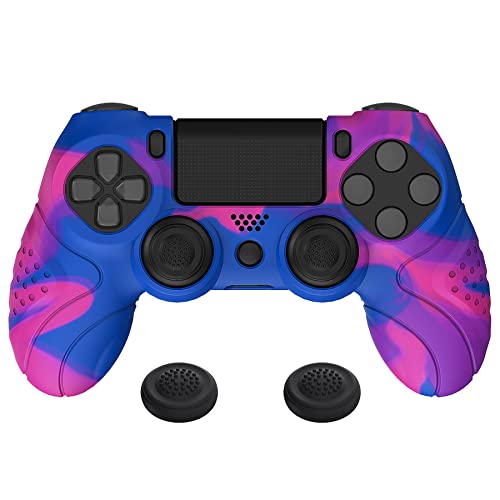 PlayVital Hülle für ps4 Controller,Anti-Rutsche Schutzhülle Case Zubehör Hülle ergonomische Silikonhülle,2 Stück Joystick Caps für ps4 Slim Pro Controller(Guardian Edition,Rosa & Blau & Lila)