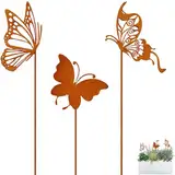 Ljevandria Gartenstecker Rost Schmetterling Gartendeko für draußen wetterfest Frühlingsdeko Sommerdeko Rostige Metall Blumenstecker Deko für Garten Terrasse Balkon Blumentopf (3 Schmetterlinge)