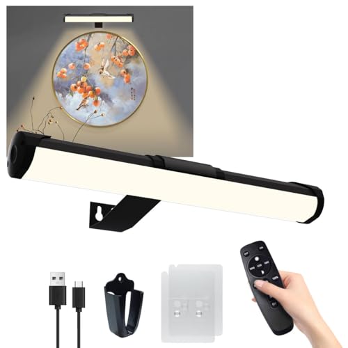 Bilderleuchte mit Fernbedienung, kabellose Batterie-Malleuchte mit 3 Lichtfarben, 4400mAh wiederaufladbare Kunstlicht-Display-Lampe, dimmbare Timer-Lampe für Kunstgalerie (Schwarz-35cm)