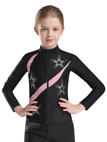 inhzoy Mädchen Eiskunstlauf Trainingsjacke Mit Glitzer Strass-Stern-Muster Kinder Eislaufen Oberteil Sport Laufen Yoga Fitness Shirt Jacke Sim Fit Rosa 122-128